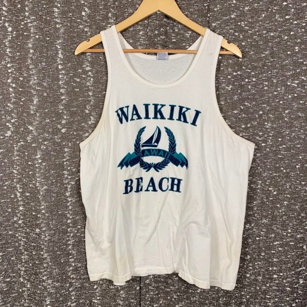 Vintage B.Y.C Waikiki Beach Hawaii Graphic Tank Top White Sleeveless Size XL